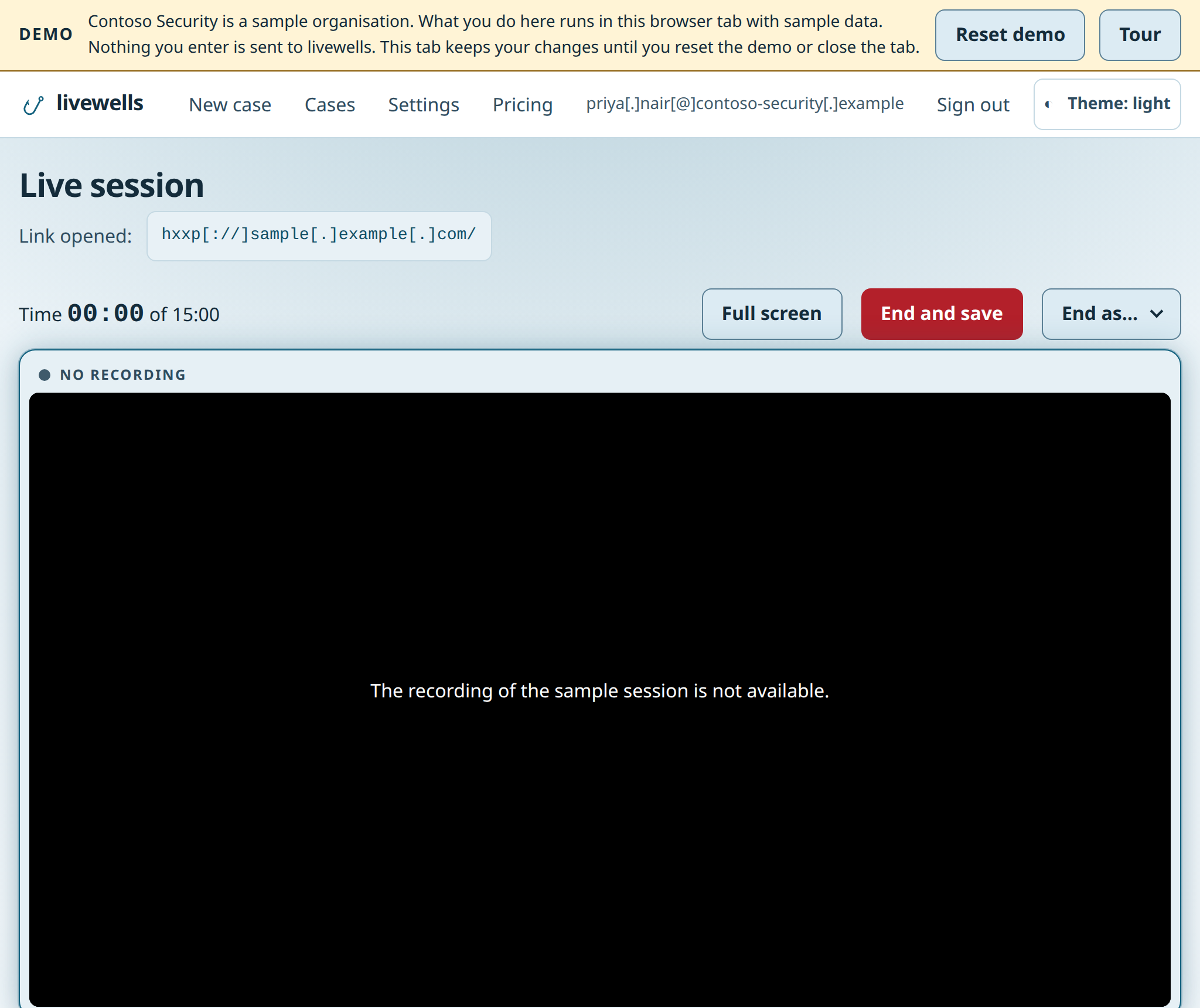 The live view page in the demo, with a still frame in place of the disposable browser, the session timer and the End and save button