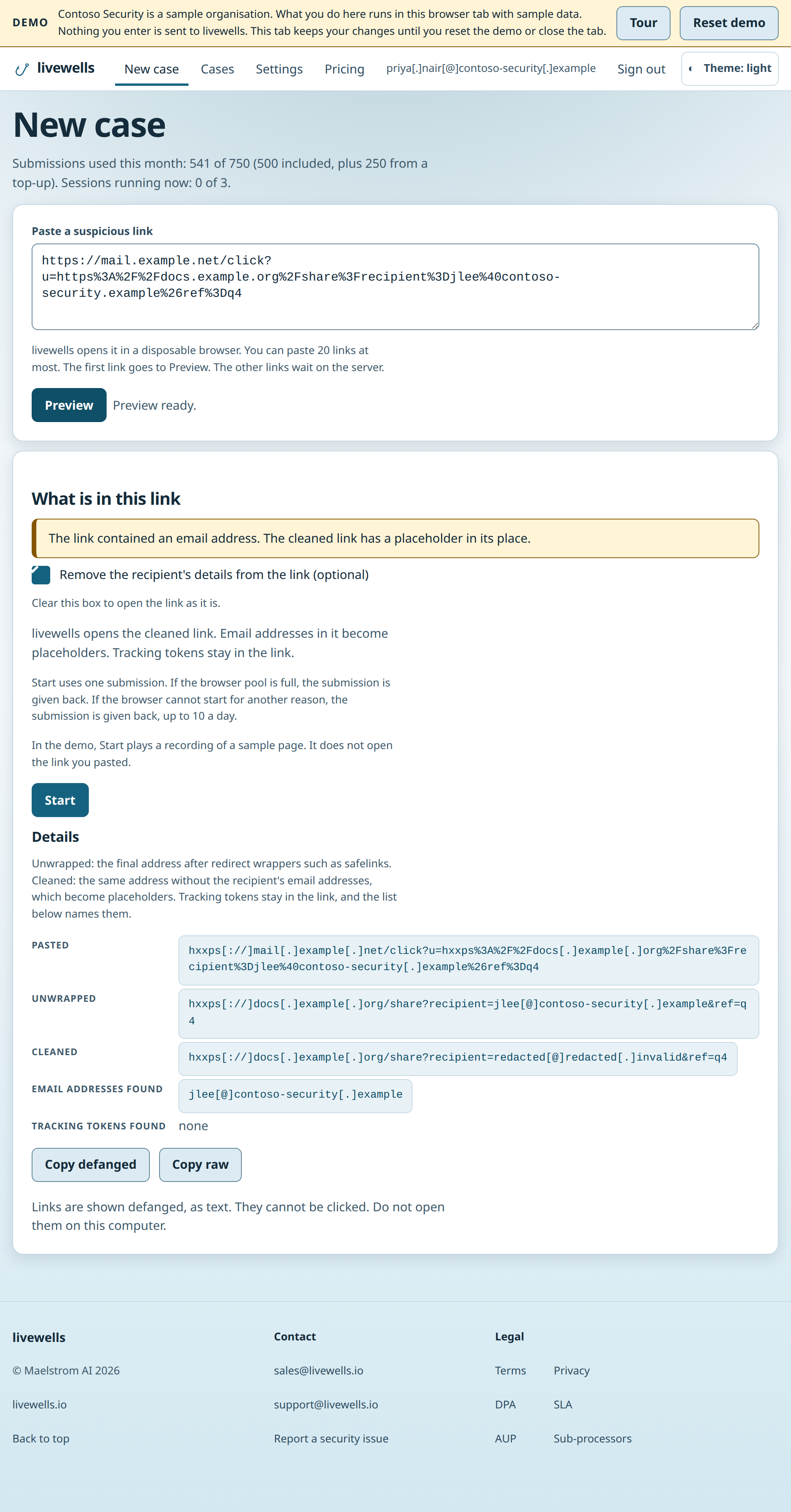 New case page with the preview of a pasted link, the notice that the link held an email address, and the pasted, unwrapped and cleaned forms of the link