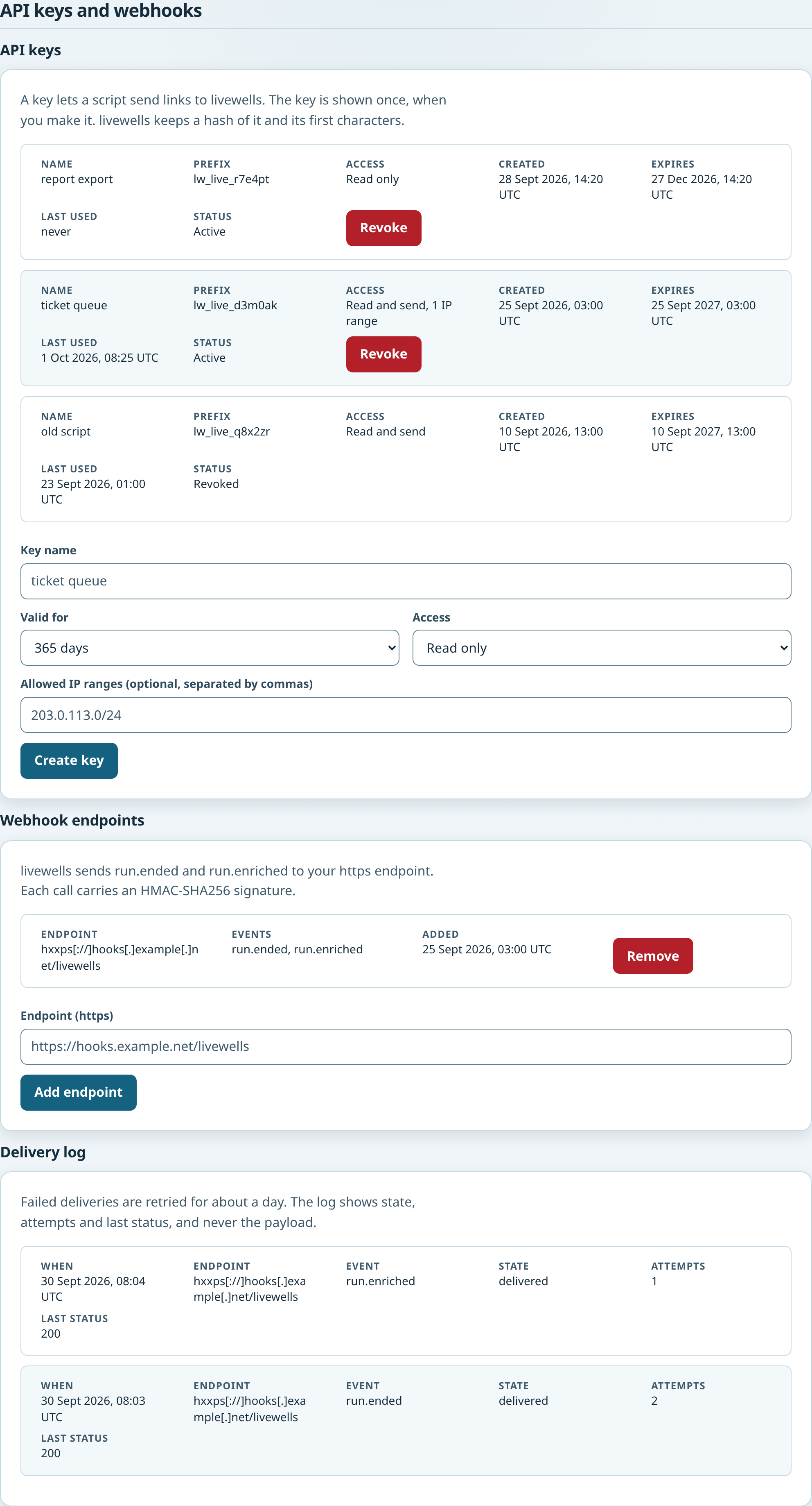 The API keys and webhooks section of Settings with the key list, the new key form, the webhook endpoints and the delivery log