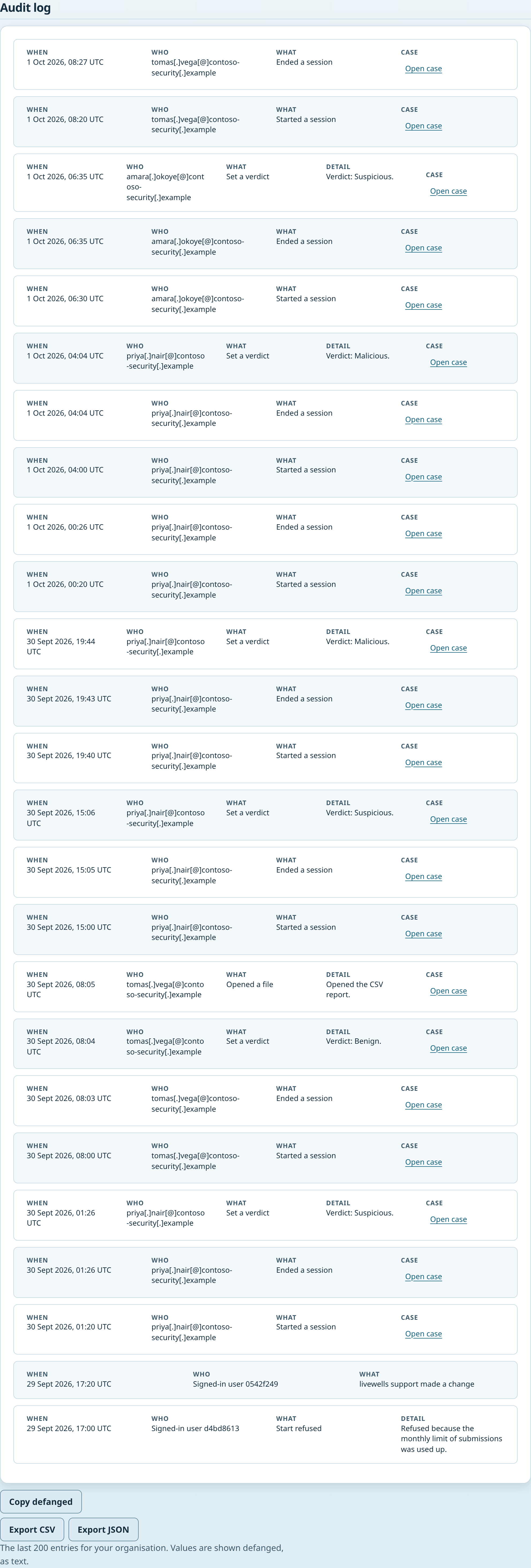 The Audit log section of Settings with the latest entries and the export buttons