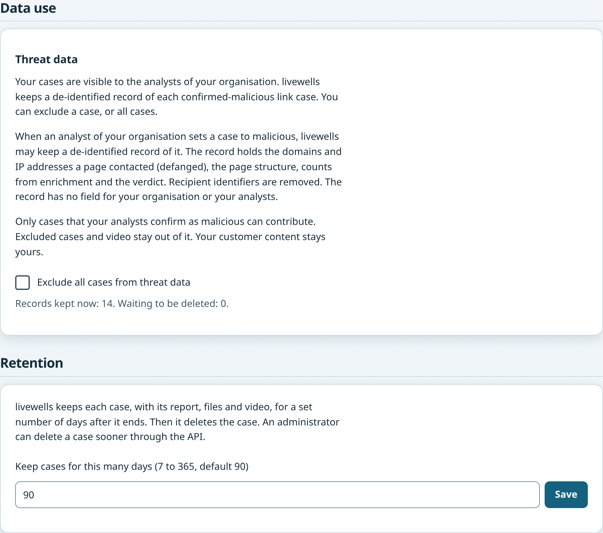 The Data use and Retention sections of Settings for an administrator